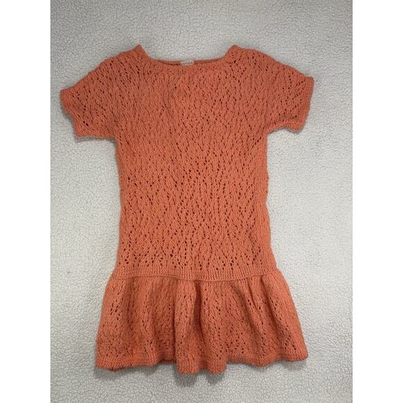 Handmade Dresses & Skirts - Vintage Hand Knit Dress Salmon Coral Open Crochet Drop Waist Dress Chunky Ruffle